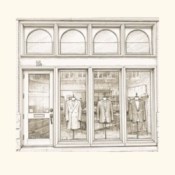Vintage clothing store storefront with mannequins and large windows.